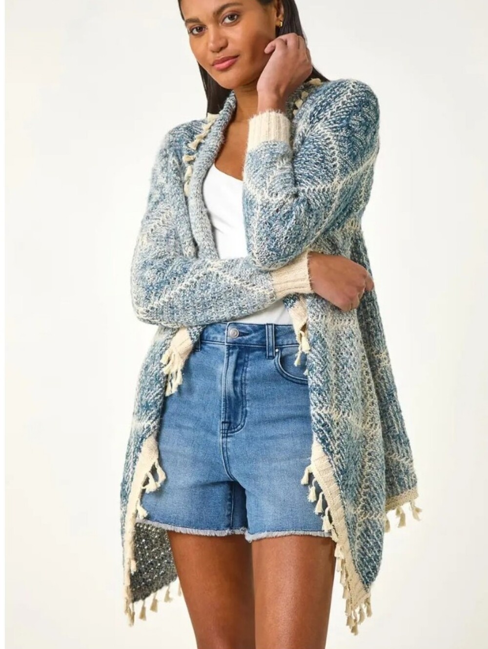 Fate Tassel Trim Cardigan Sweater Blue White Diamond Open Front Coastal Cozy SM